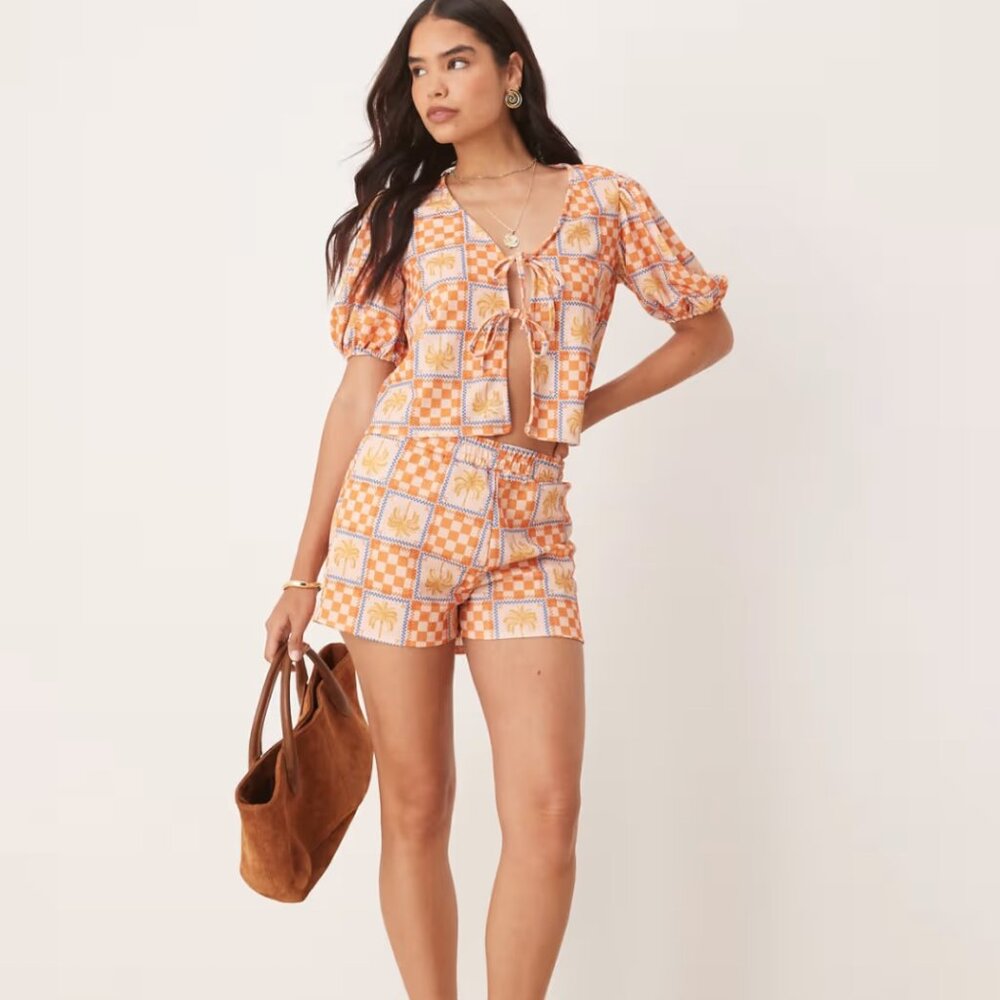 ASOS Palm Tree Checkered Orange and Blue Elasticated Shorts